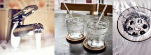 this is a composite photo of a running water faucet, two glasses of ice water and water running into a drain